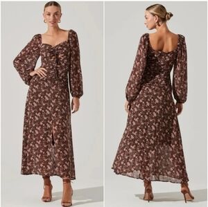 ASTR The Label Brown Floral Ruched Maxi Dress Puff Sleeve Romantic Fall Medium